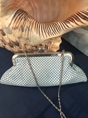 Vintage Silver-White Mesh Evening Clutch with Chain